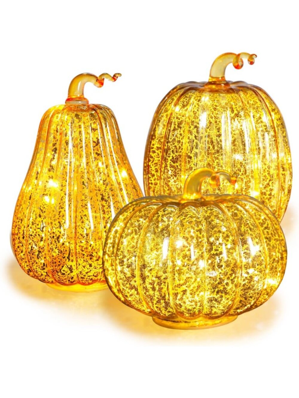 Set of 3 Mercury Glass Pumpkin Lights - Fall Halloween Lanterns for Porch Decor